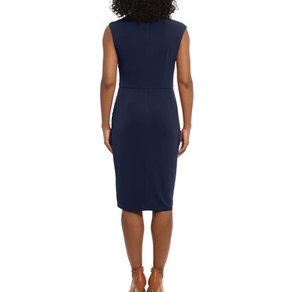 NWT London Times Asymetric Neck Shirred Sheath Dress Navy Blue, Size 10 - Picture 2 of 6